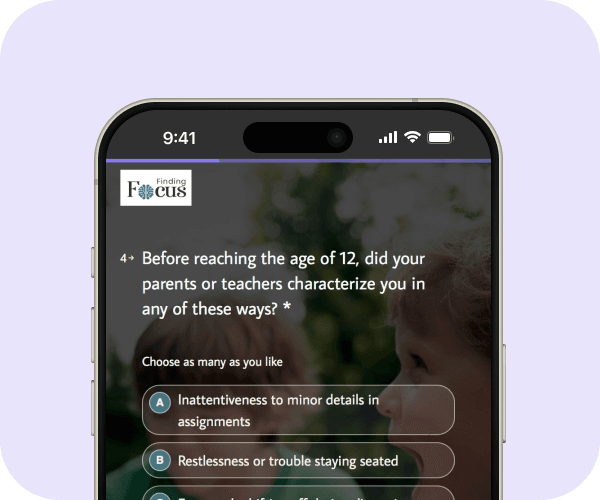 The free Finding Focus survey shown on a phone, with a sample self-assessment question