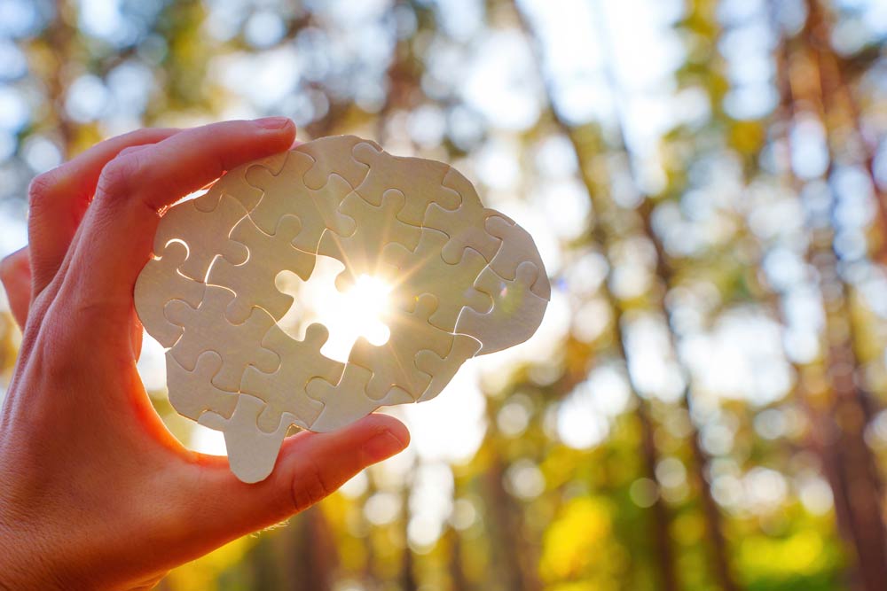 Hand holding a puzzle piece shaped like a brain against sunlight, symbolizing ADHD as a neurological condition and the complexities of brain function.