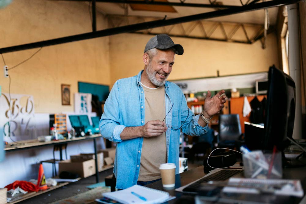 Smiling man standing in a creative workspace, symbolizing focus and productivity strategies for managing ADHD at work.