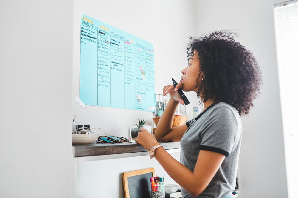 A university student with ADHD using a wall planner to prioritize tasks and stay organized, demonstrating effective strategies for managing academic workload.