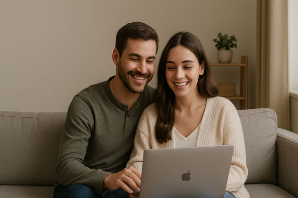 Couple smiling at a laptop at home, representing remote ADHD care for residents of Toronto, Ontario.