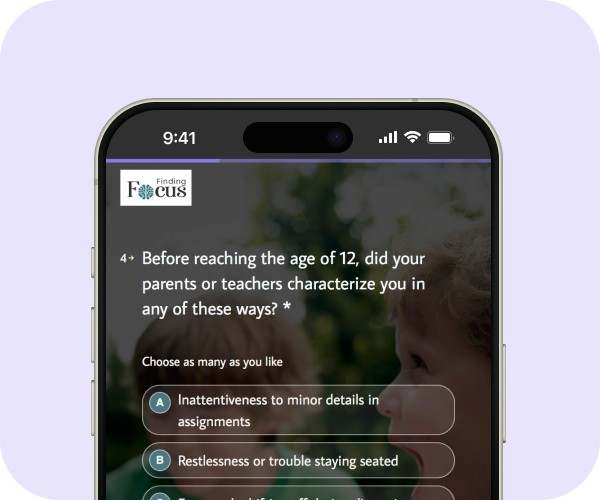 The free Finding Focus survey shown on a phone, with a sample self-assessment question